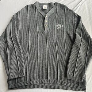 Vtg Hard Rock Cafe Boston Henley Sweater Men's L Gray Waffle Knit 90s